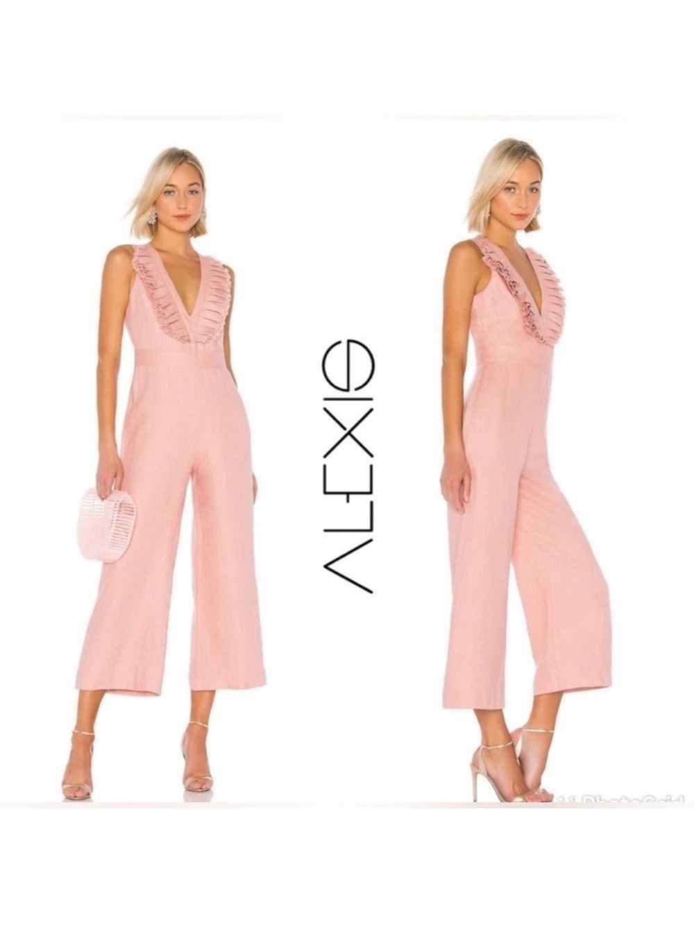 Alexis Odalys Linen Blush Pink Ruffle V-Neck Wide-Leg Jumpsuit Size XS NWOT